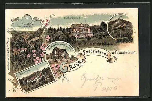 Lithographie Friedrichroda, Gasthaus auf dem Inselberg, Klostermühle