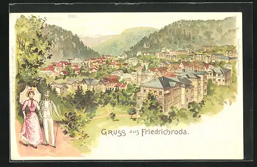 Lithographie Friedrichroda, Ortsansicht mit Fussgängern