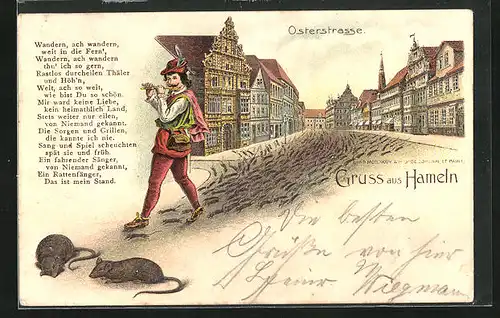 Lithographie Hameln, Rattenfänger in der Osterstrasse