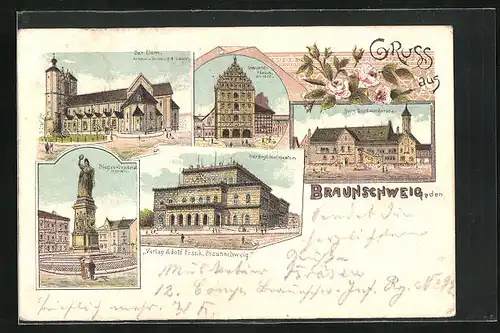 Lithographie Braunschweig, Der Dom, Gewandhaus, Sieges-Denkmal