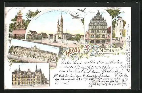 Lithographie Braunschweig, Schloss, Post, Löwenbrunnen