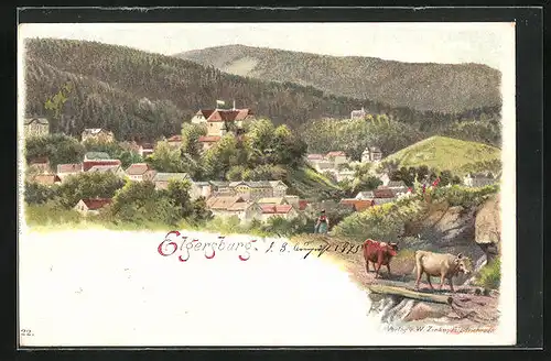 Lithographie Elgersburg, Ortsansicht mit Kühen
