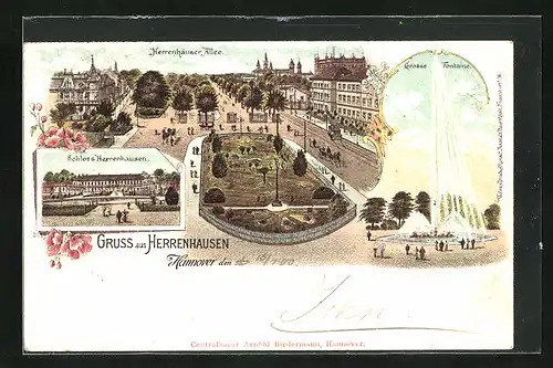 Lithographie Hannover, Schloss Herrenhausen, Grosse Fontaine
