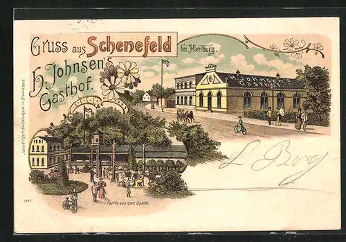 Lithographie Schenefeld, H. Johnsens Gasthof mit Garten