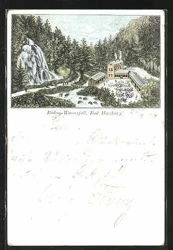 Vorläufer-Lithographie Bad Harzburg, 1894, Gasthaus am Radau-Wasserfall