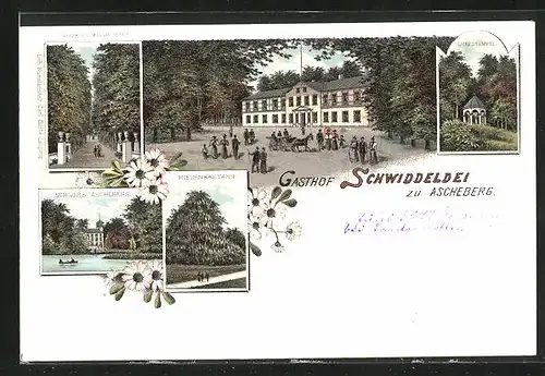 Lithographie Ascheberg, Gasthof Schwiddeldei, Schloss Ascheberg, Riesenkastanie