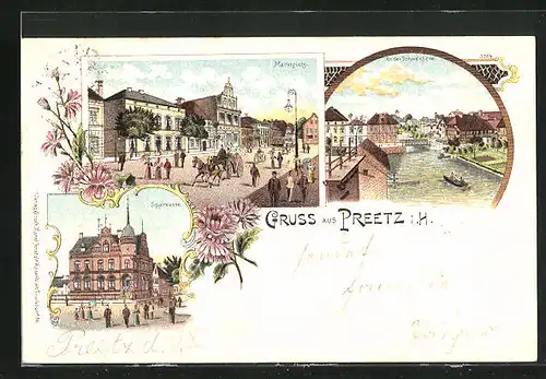 Lithographie Preetz i. H., Sparkasse, An der Schwentiene, Marktplatz