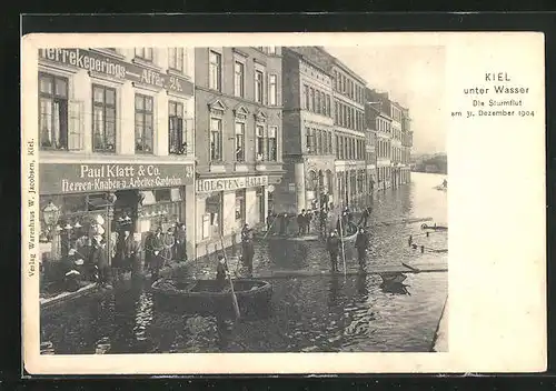 AK Kiel, Die Sturmflut 1904, Strassenpartie mit Geschäften und Boot unter Wasser