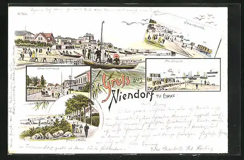 Lithographie Niendorf a. d. Ostsee, Promenade, Strandstrasse, Häuser am Strand