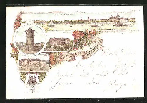 Lithographie Rendsburg, Gymnasium, Wasserturm, Hauptwache