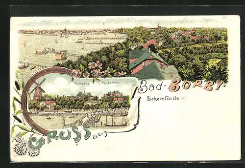 Lithographie Bad-Borby, Kreishaus mit Kgl. Seminar, Panorama