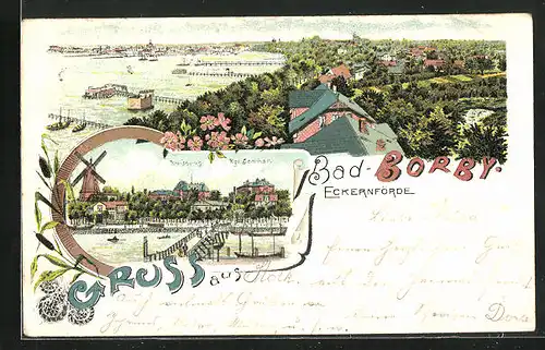 Lithographie Bad-Borby, Ansicht mit Kreishaus, Kgl. Seminar und Windmühle, Panorama