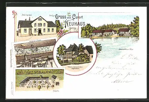 Lithographie Neuhaus /Solling, Hotel von Otto Ziem, Strassenbild am Weiher