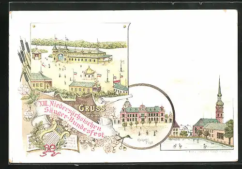 Lithographie Flensburg, XIII. Niedersächsisches Sänger-Bundesfest, Kaiserl. Post