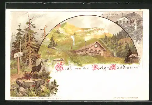 Lithographie Rotwandhütte und Böcklein-Hütte, Gemsen im Gebirge