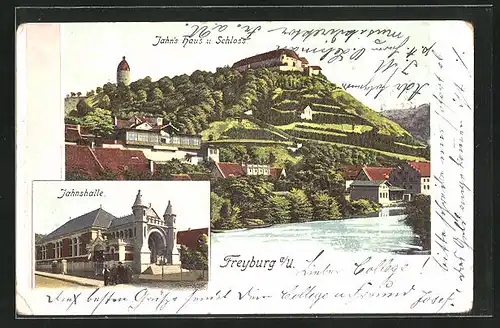 AK Freyburg a. U., Jahnshalle, Jahn`s Haus und Schloss