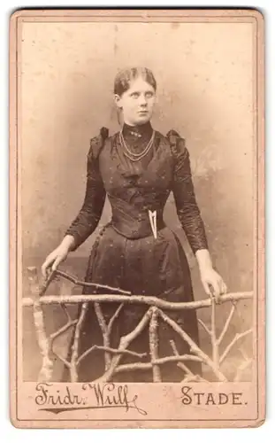 Fotografie Fridr. Wulf, Stade, Ecke der Höker- & kl. Schmiedestrasse, Portrait junge Dame in eleganter Kleidung