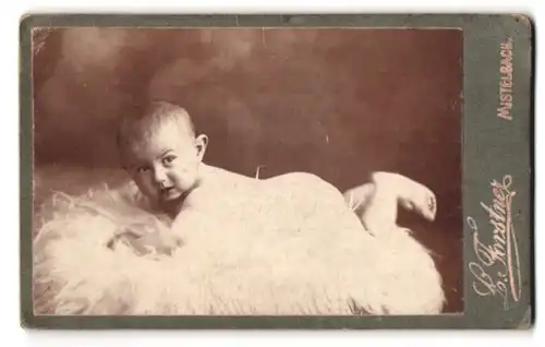 Fotografie L. Forstner, Mistelbach, Wiedenstrasse 6, Portrait nackiges Baby bäuchlings auf Fell liegend