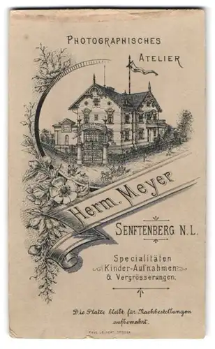 Fotografie Herm. Meyer, Senftenberg, Ansicht Senftenberg N.L., Foto-Atelier, Rückseitig Damen-Portrait