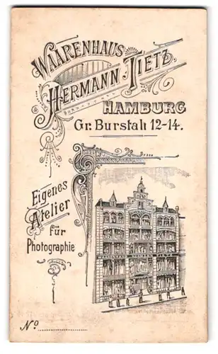 Fotografie Hermann Tietz, Hamburg, Ansicht Hamburg, Warenaus mit Atelier Gr. Burstah 12-14, Rückseitig Portrait