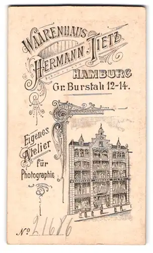 Fotografie Hermann Tietz, Hamburg, Ansicht Hamburg, Atelier im Warenhaus Gr. Burstah 12-14, Rückseitig Portrait