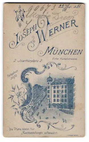 Fotografie Joseph Werner, München, Ansicht München, Geschäftshaus Isartorplatz 2 Ecke Kanalstrasse, Rückseitig Portrait