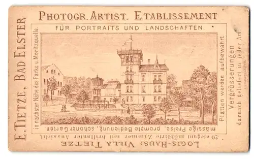 Fotografie E. Tietze, Bad Elster, Ansicht Bad Elster, Logis-Haus Villa Tietze, Rückseitig Damen Portrait