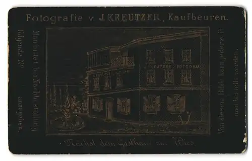 Fotografie J. Kreutzer, Kaufbeuren, Ansicht Kaufbeuren, Foto-Atelier nächst dem Gasthaus zur Wies, Rückseitig Portrait