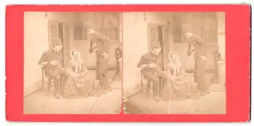 Stereo-Fotografie Burschen in Uniform umgarnen junge Dame