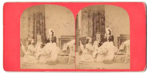 Stereo-Fotografie Waschfrau & Mädchen nebst Waschzuber bei der Arbeit