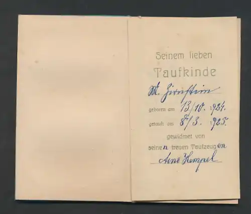 Taufkarte Arno Hempel 1924, Weihe-Spruch & Bibelvers, Kreuz mit Vergissmeinnicht