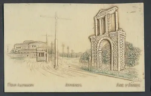 Relief-AK Athen, Hadrianstor mit Strassenbahn