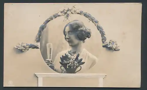 Relief-AK Hübsche Frau mit Hochsteckfrisur und einem Glas Sekt in der Hand