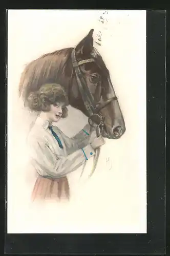 Künstler-AK H.S.: Fräulein mit einem Pferd