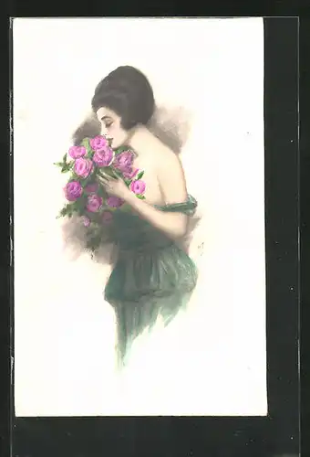Künstler-AK H.S.: Fräulein im grünen Kleid mit Blumen
