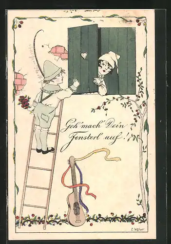 Künstler-AK E. Weber: Junger Mann mit Gitarre beim Fensterln