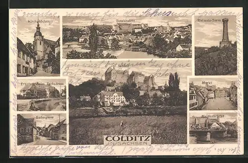 AK Colditz i. Sachsen, Badergasse, Muldenbrücke und Markt