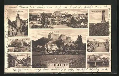 AK Colditz, Heimats-Turm, Schloss und Erholungsheim Zschadrass