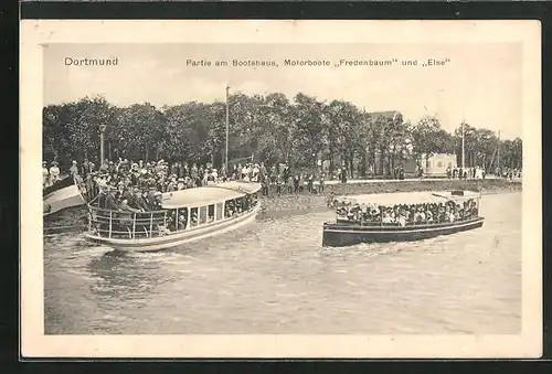 AK Dortmund, Partie am Bootshaus, Motorboote Fredenbaum und Else