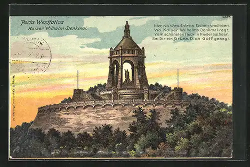 AK Porta Westfalica, Kaiser Wilhelm-Denkmal in der Abenddämmerung