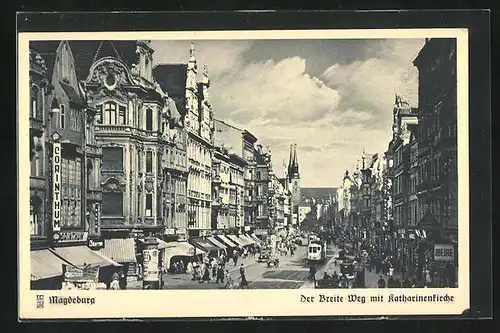 AK Magdeburg, der Breite Weg mit Katharinenkirche