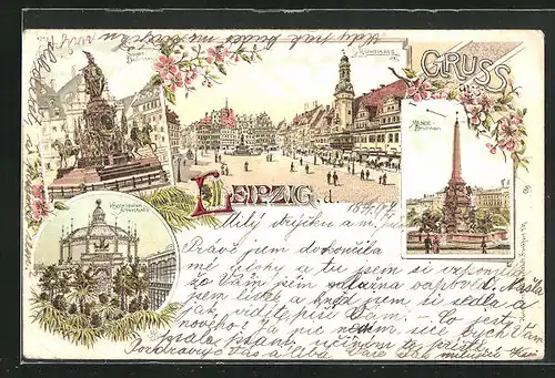 Lithographie Leipzig, Marktplatz, Sieges-Denkmal