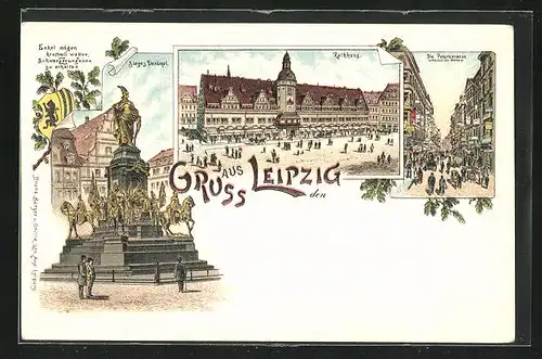 Lithographie Leipzig, Siegesdenkmal, Rathaus, Peterstrasse