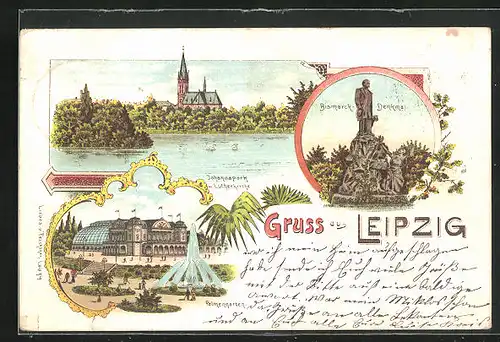 Lithographie Leipzig, Bismarck-Denkmal, Palmengarten