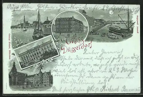 Mondschein-AK Düsseldorf, Justitzgebäude, Hafen