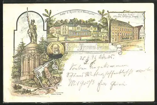 Lithographie Detmold, Gasthof C. Reineke auf der Grotenburg, Hotel Stadt Frankfurt, Hermanns-Denkmal