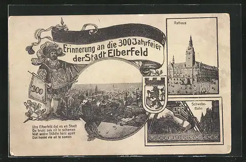 AK Elberfeld, Erinnerung an die 300 Jahrfeier der Stadt, Teilansicht, Rathaus, Schwebebahn