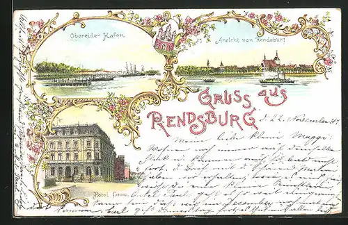 Lithographie Rendsburg, Hotel Green, Obereider Hafen, Teilansicht mit Dampfer