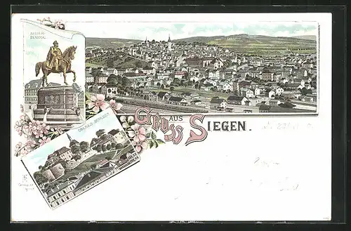 Lithographie Siegen, Teilansicht, Kaiser-Denkmal, Oberes Schloss