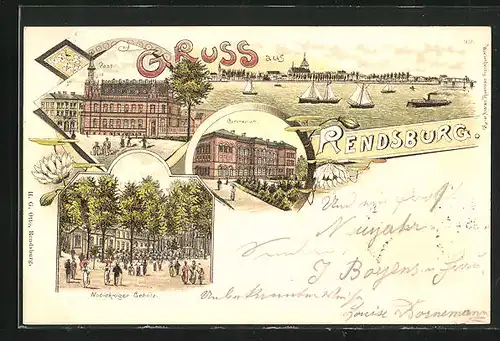 Lithographie Rendsburg, Nobiskrüger Gehölz, Gymnasium, Post